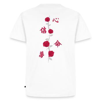 Japanese Characters Back Print with Flowers - Men's Premium Organic T-Shirt - white - Back - Nico (187cm)