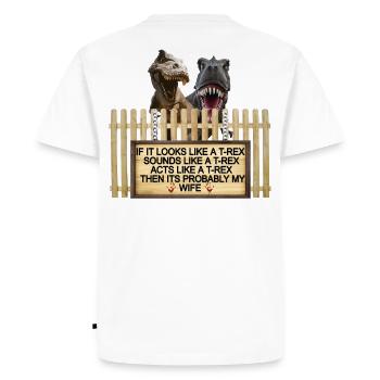 TREX Femme Blague Signe Tee - T-shirt Premium bio Homme - blanc - Dos - Nico (187cm)