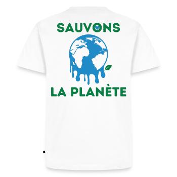 Sauvons la planète ! Sauver planète. Sauver Terre. - T-shirt Premium bio Homme - blanc - Dos - Nico (187cm)