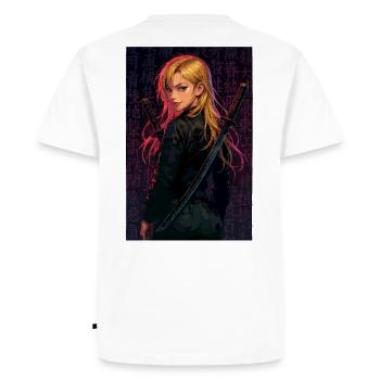 Combattante au double sabre dans l’obscurité - T-shirt Premium bio Homme - blanc - Dos - Nico (187cm)