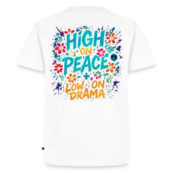 High on Peace, Low on Drama - Men's Premium Organic T-Shirt - white - Back - Nico (187cm)