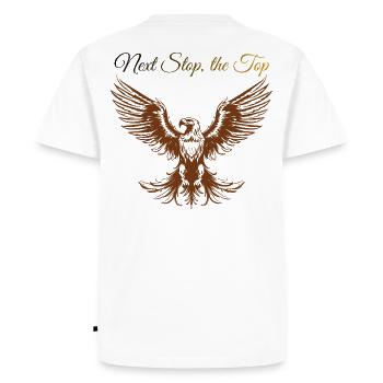 Sigura design: Next Step, the Top - Men's Premium Organic T-Shirt - white - Back - Nico (187cm)