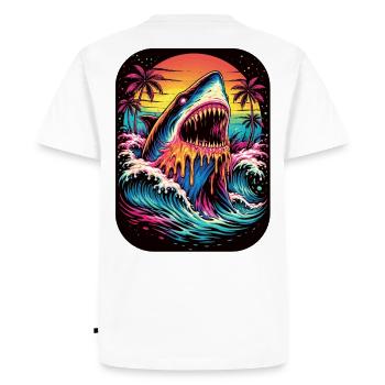 Neon shark at sunset - Men's Premium Organic T-Shirt - white - Back - Nico (187cm)