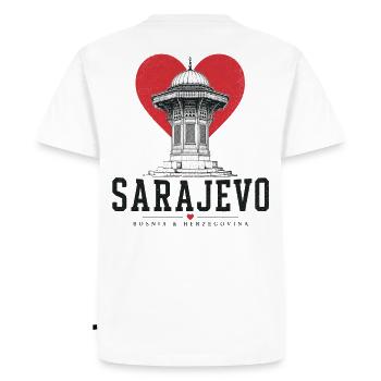 Graphique de la tour du cœur de Sarajevo - T-shirt Premium bio Homme - blanc - Dos - Nico (187cm)