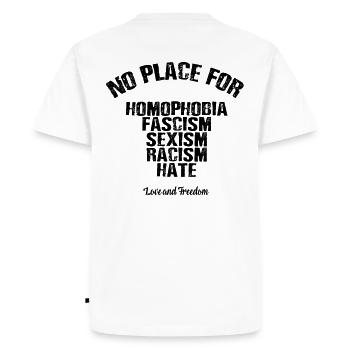 Homophobie fascisme sexisme - T-shirt Premium bio Homme - blanc - Dos - Nico (187cm)