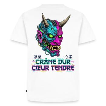 Cyber Oni Mask - Crâne dur Cœur tendre - T-shirt Premium bio Homme - blanc - Dos - Nico (187cm)