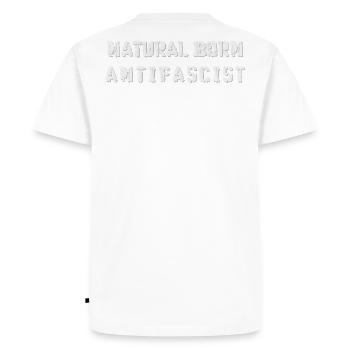 ANCIEN FASCISTE ANTIFASCISTE FCKNZS NÉ NATUREL - T-shirt Premium bio Homme - blanc - Dos - Nico (187cm)