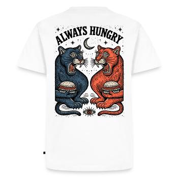 Always Hungry Cat Duo with Burger - Men's Premium Organic T-Shirt - white - Back - Nico (187cm)