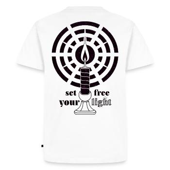 Dark Magenta Glow – Bougie Art déco minimaliste - T-shirt Premium bio Homme - blanc - Dos - Nico (187cm)