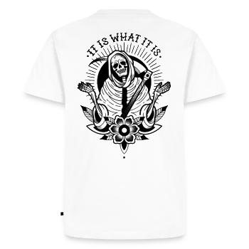 Oldschool Grim Reaper « C’EST CE QUE C’EST » - T-shirt Premium bio Homme - blanc - Dos - Nico (187cm)