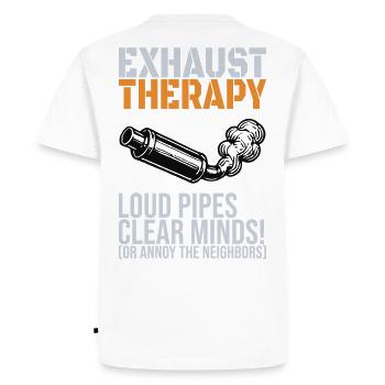 Thérapie des échappements – Cycliste aux tuyaux bruyants - T-shirt Premium bio Homme - blanc - Dos - Nico (187cm)