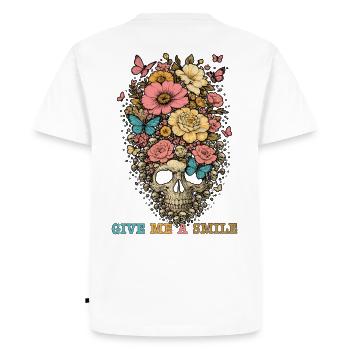Skull and Flowers - give me a smile - Men's Premium Organic T-Shirt - white - Back - Nico (187cm)