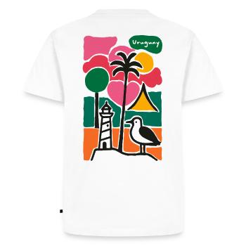 Beach Palm Trees Lighthouse Sunset - Men's Premium Organic T-Shirt - white - Back - Nico (187cm)