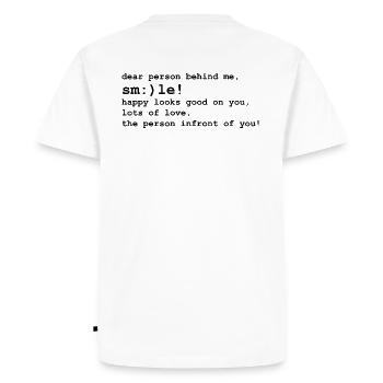 dear person behind me, smile | Sourire - T-shirt Premium bio Homme - blanc - Dos - Nico (187cm)