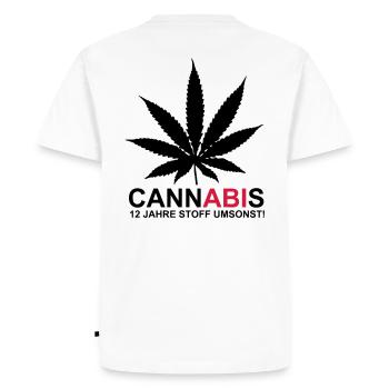 ABIMOTTO - Cannabis - 12 YEARS OF THE SUBSTANCE - Men's Premium Organic T-Shirt - white - Back - Nico (187cm)