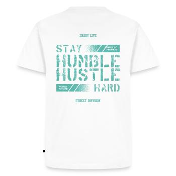 RESTEZ HUMBLE - HUSTLE HARD - T-shirt Premium bio Homme - blanc - Dos - Nico (187cm)