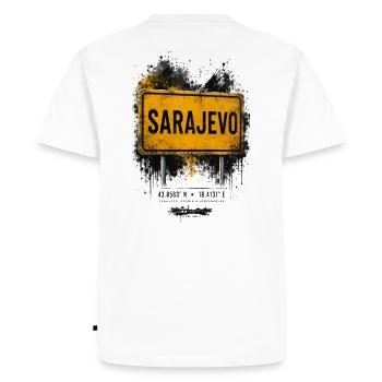Sarajevo Vintage Street Sign - Men's Premium Organic T-Shirt - white - Back - Nico (187cm)