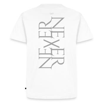 NEVER SAY NEVER – Statement Design - T-shirt Premium bio Homme - blanc - Dos - Nico (187cm)