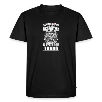 Schönen Gruß an alle Ich fahre 6 Zylinder Turbo - Männer Premium Bio T-Shirt - Schwarz - Vorne - Nico (187cm)