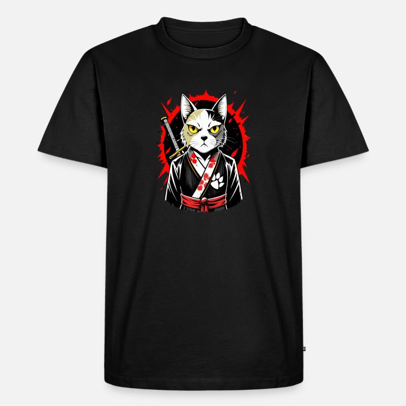Samurai-Katze - Männer Premium Bio T-Shirt - Schwarz