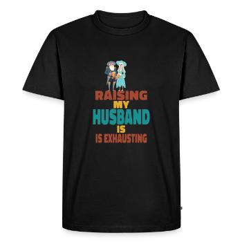 My husband's education is exhausting - Men's Premium Organic T-Shirt - black - Front - Nico (187cm)