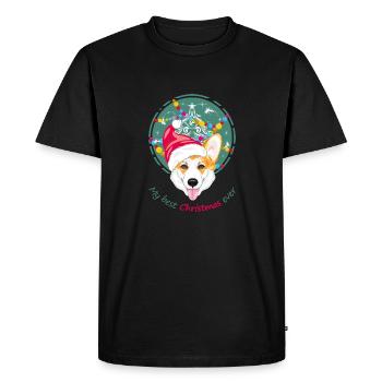 Happy welsh corgi in Santa hat - Men's Premium Organic T-Shirt - black - Front - Nico (187cm)