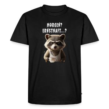 Grumpy raccoon with coffee saying morning grouch - Men's Premium Organic T-Shirt - black - Front - Nico (187cm)