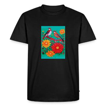 Deux oiseaux dans le jardin avec des fleurs - T-shirt Premium bio Homme - noir - Devant - Nico (187cm)