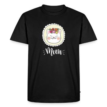 Chat mignon Kawaii drôle avec des fleurs disant miaulement - T-shirt Premium bio Homme - noir - Devant - Nico (187cm)