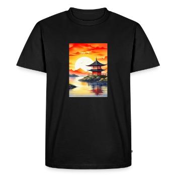 Paysage japonais de peinture à l’eau avec coucher de soleil - T-shirt Premium bio Homme - noir - Devant - Nico (187cm)