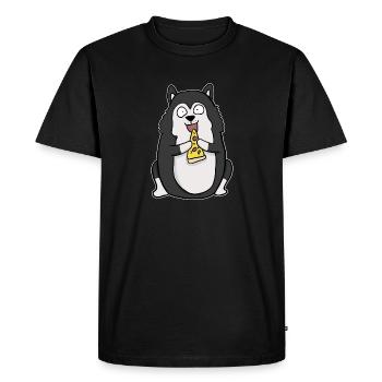 Fat Husky Dog Eating Pizza Funny Comic Style - Men's Premium Organic T-Shirt - black - Front - Nico (187cm)