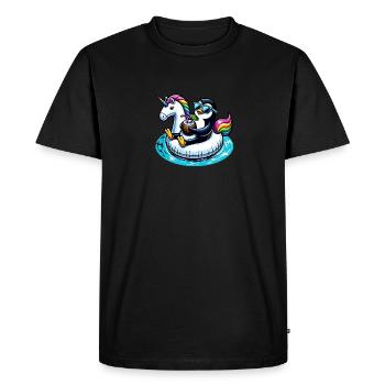 Relaxed penguin on a unicorn swim ring - Men's Premium Organic T-Shirt - black - Front - Nico (187cm)