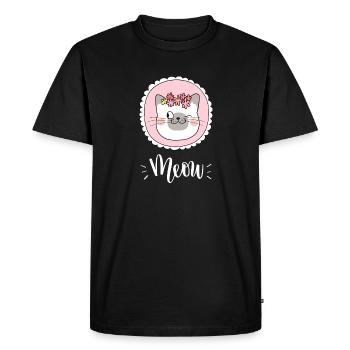 Chat mignon Kawaii drôle avec des fleurs disant miaulement - T-shirt Premium bio Homme - noir - Devant - Nico (187cm)