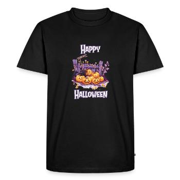 Halloween - Happy Halloween Pumpkin Patch with Cat - Men's Premium Organic T-Shirt - black - Front - Nico (187cm)