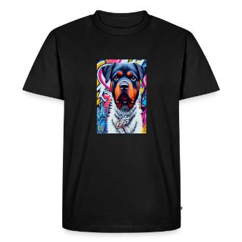 Chien rottweiler en manteau de fourrure devant les graffitis |Pop Art - T-shirt Premium bio Homme - noir - Devant - Nico (187cm)