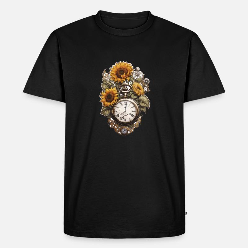 Uhr mit Sonnenblumen - Männer Premium Bio T-Shirt - Schwarz
