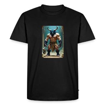 Minotaur, massive bull-headed warrior gripping axe - Men's Premium Organic T-Shirt - black - Front - Nico (187cm)
