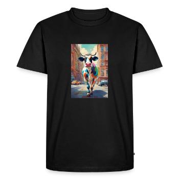 Vache colorée courant à travers la ville - T-shirt Premium bio Homme - noir - Devant - Nico (187cm)