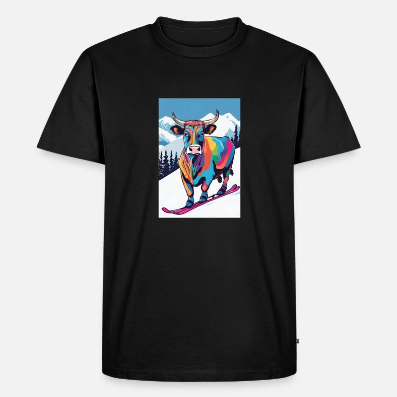 Bunte Kuh auf Ski - Männer Premium Bio T-Shirt - Schwarz