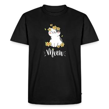 Chat mignon kawaii drôle avec des tournesols disant miaulement - T-shirt Premium bio Homme - noir - Devant - Nico (187cm)