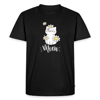 Chat mignon kawaii drôle avec des tournesols disant miaulement - T-shirt Premium bio Homme - noir - Devant - Nico (187cm)