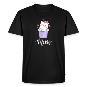 Chat mignon Kawaii drôle avec des fleurs disant miaulement - T-shirt Premium bio Homme - noir - Devant - Nico (187cm)