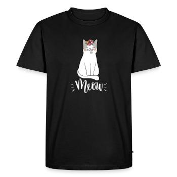 Chat mignon Kawaii drôle avec des fleurs disant miaulement - T-shirt Premium bio Homme - noir - Devant - Nico (187cm)