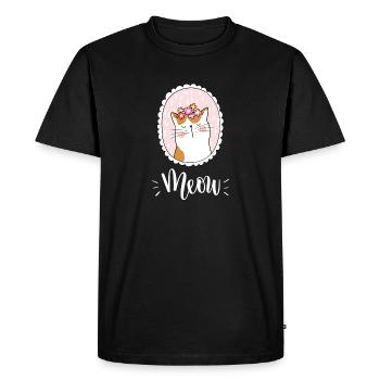 Chat mignon Kawaii drôle avec des fleurs disant miaulement - T-shirt Premium bio Homme - noir - Devant - Nico (187cm)
