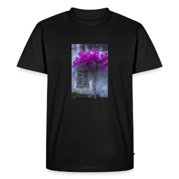 Vibrant Blossom Against Rustic Wall - Men's Premium Organic T-Shirt - black - Front - Nico (187cm)