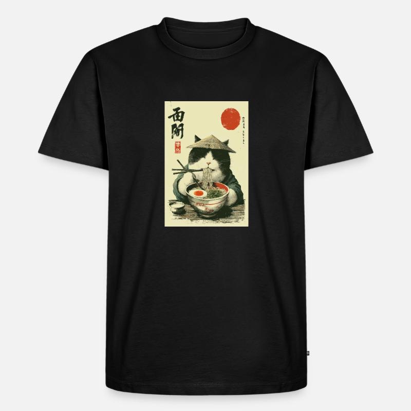 Samurai-Katze genießt Ramen - Männer Premium Bio T-Shirt - Schwarz