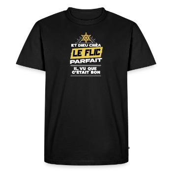 Dieu créa le policier et vu que c’était bon - T-shirt Premium bio Homme - noir - Devant - Nico (187cm)