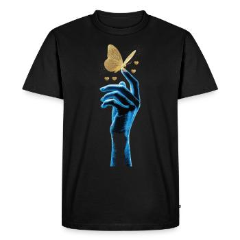 Golden butterfly on glowing hand - Men's Premium Organic T-Shirt - black - Front - Nico (187cm)