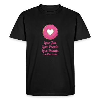 Aimer Dieu, aimer les gens, aimer les beignets... Dans cet ord - T-shirt Premium bio Homme - noir - Devant - Nico (187cm)