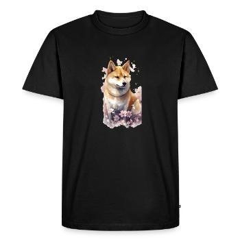 Japanese dog Shiba Inu portrait flowers - Men's Premium Organic T-Shirt - black - Front - Nico (187cm)
